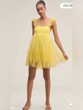 Anthropologie Let Me Be Eyelet Tulle Mini Dress in Yellow NWT